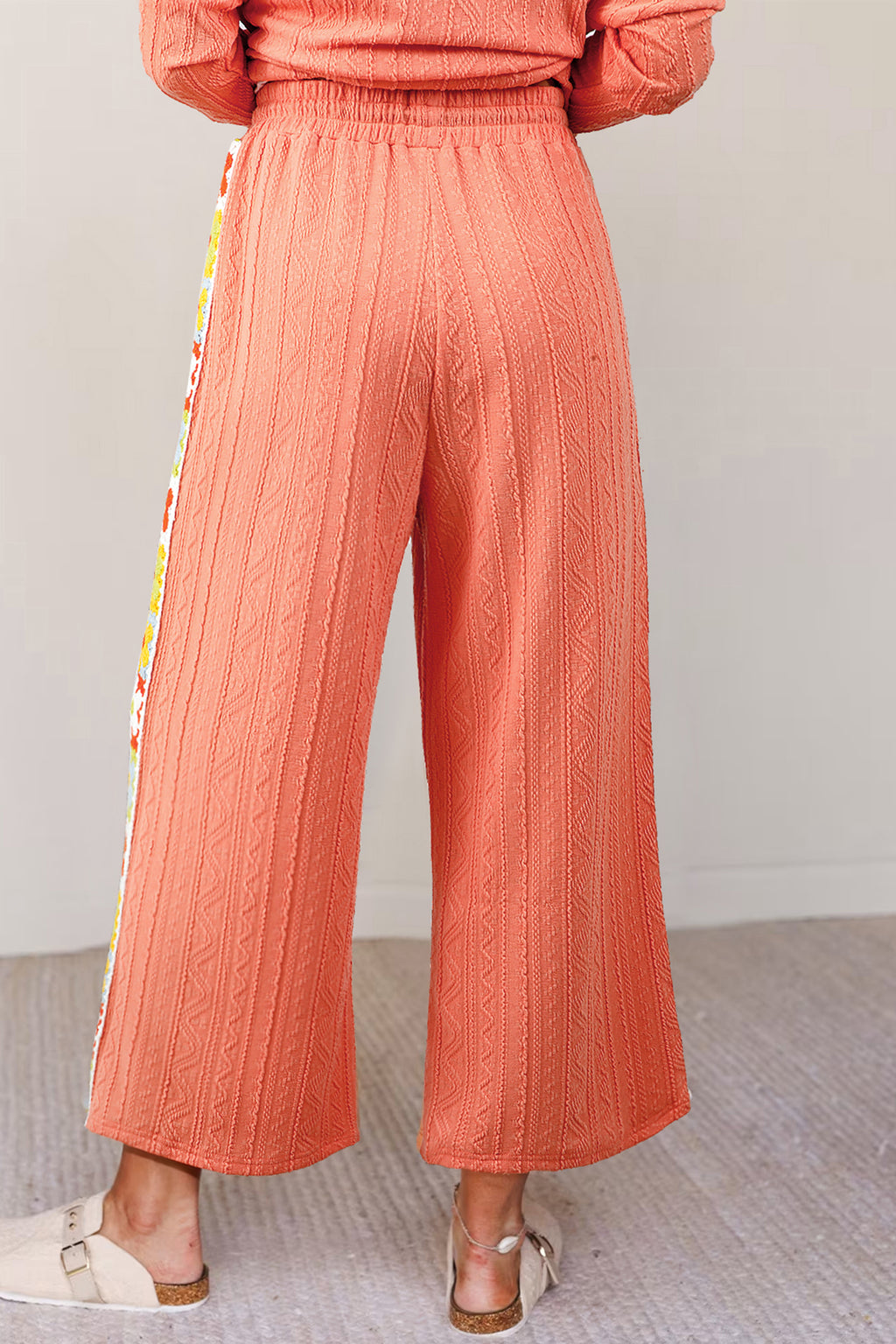 Grapefruit orange crochet floral accent V-neck textured two-piece pants set by Dear-Lover featuring a stylish and comfortable design.