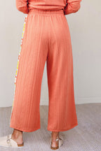 Grapefruit orange crochet floral accent V-neck textured two-piece pants set by Dear-Lover featuring a stylish and comfortable design.