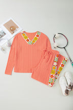 Grapefruit orange crochet floral accent V-neck textured two-piece pants set by Dear-Lover, featuring a stylish top and matching pants.