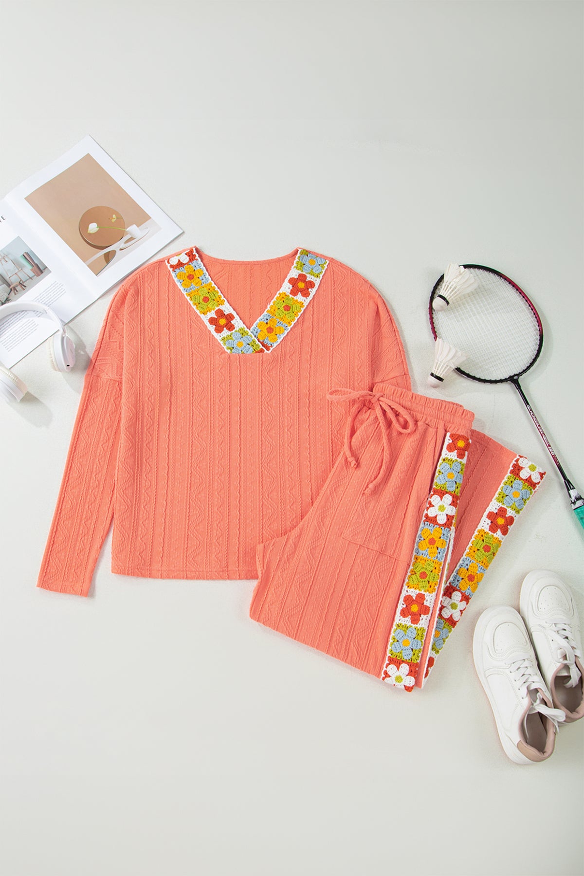 Grapefruit orange crochet floral accent V-neck textured two-piece pants set by Dear-Lover, featuring a stylish top and matching pants.