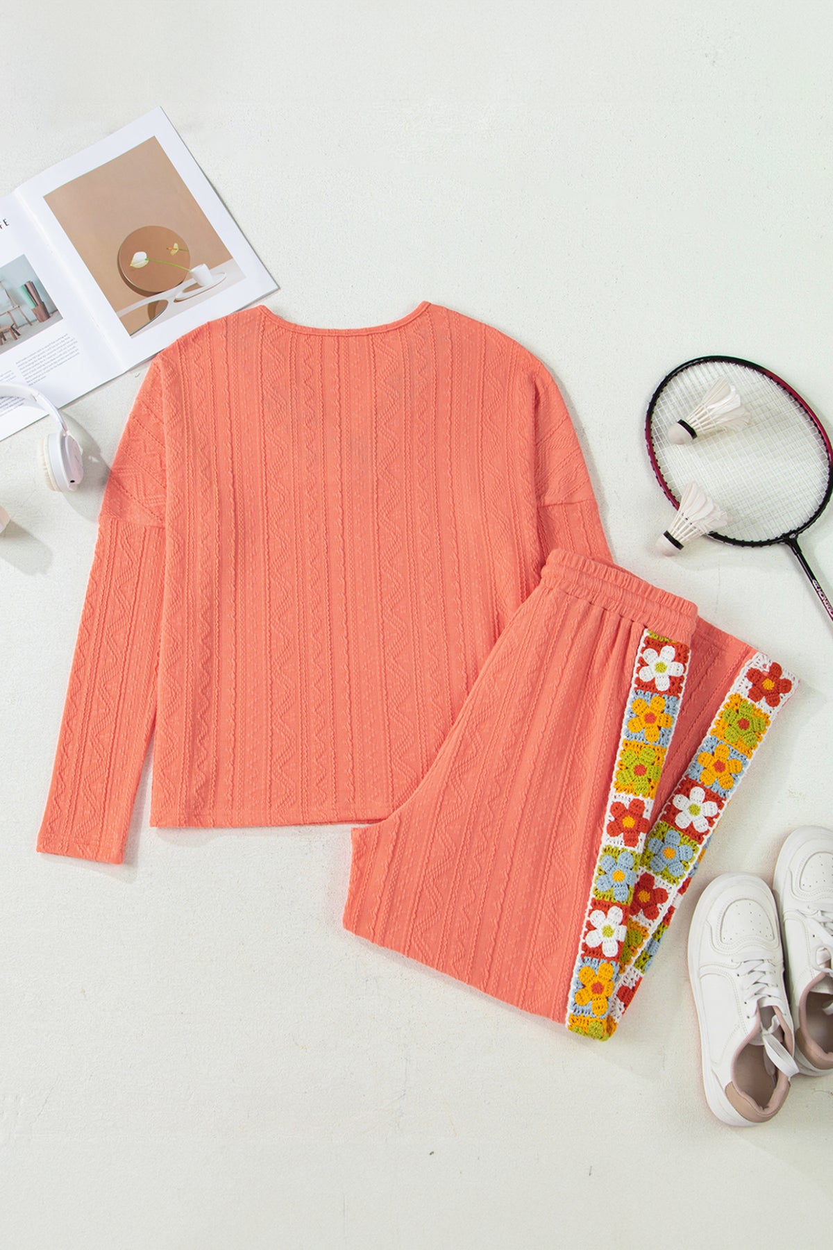 Grapefruit orange crochet floral accent V-neck textured pants set by Dear-Lover, featuring a two-piece design with floral details.