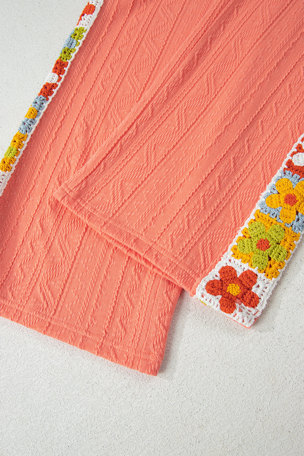 Grapefruit orange crochet floral accent V-neck textured two-piece pants set by Dear-Lover, featuring a stylish and vibrant design.