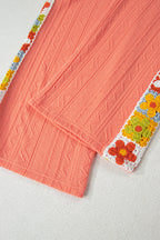 Grapefruit orange crochet floral accent V-neck textured two-piece pants set by Dear-Lover, featuring a stylish and vibrant design.