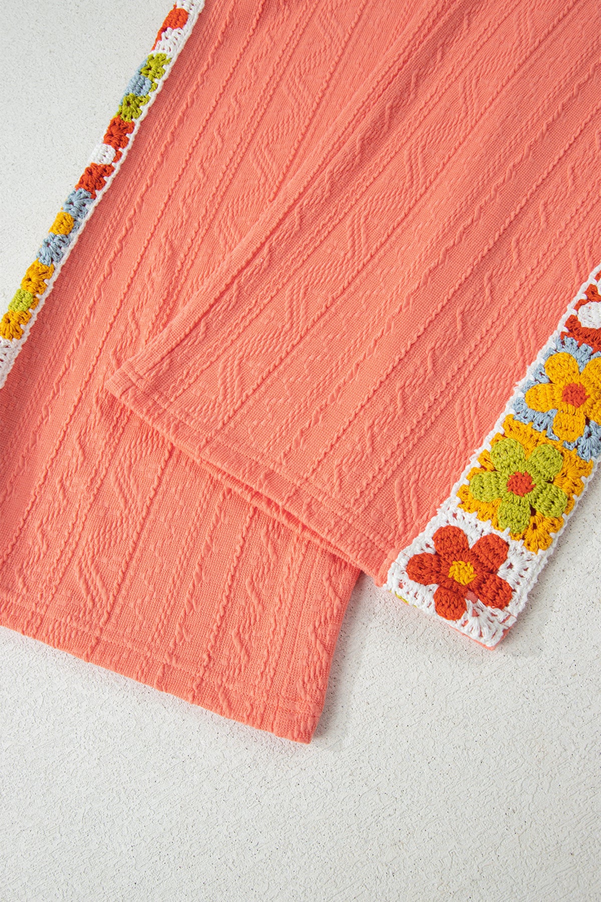 Grapefruit orange crochet floral accent V-neck textured two-piece pants set by Dear-Lover, featuring a stylish and vibrant design.