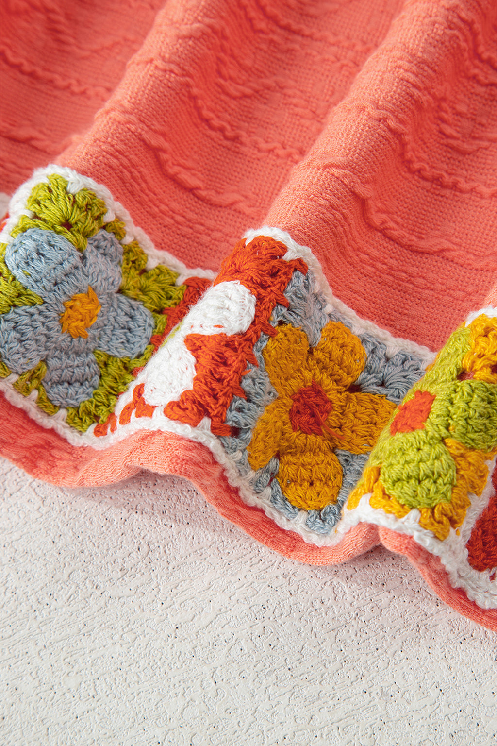 Grapefruit orange crochet floral accent V-neck textured two-piece pants set by Dear-Lover, featuring a stylish floral design and comfortable fit.
