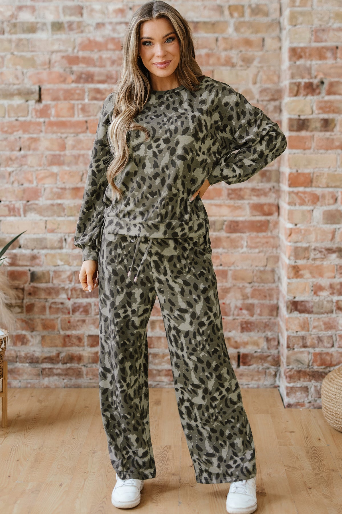 Leopard print raw seam patchwork pullover and loose drawstring pant set by Dear-Lover Dropshipping, gray polyester-elastane fabric.
