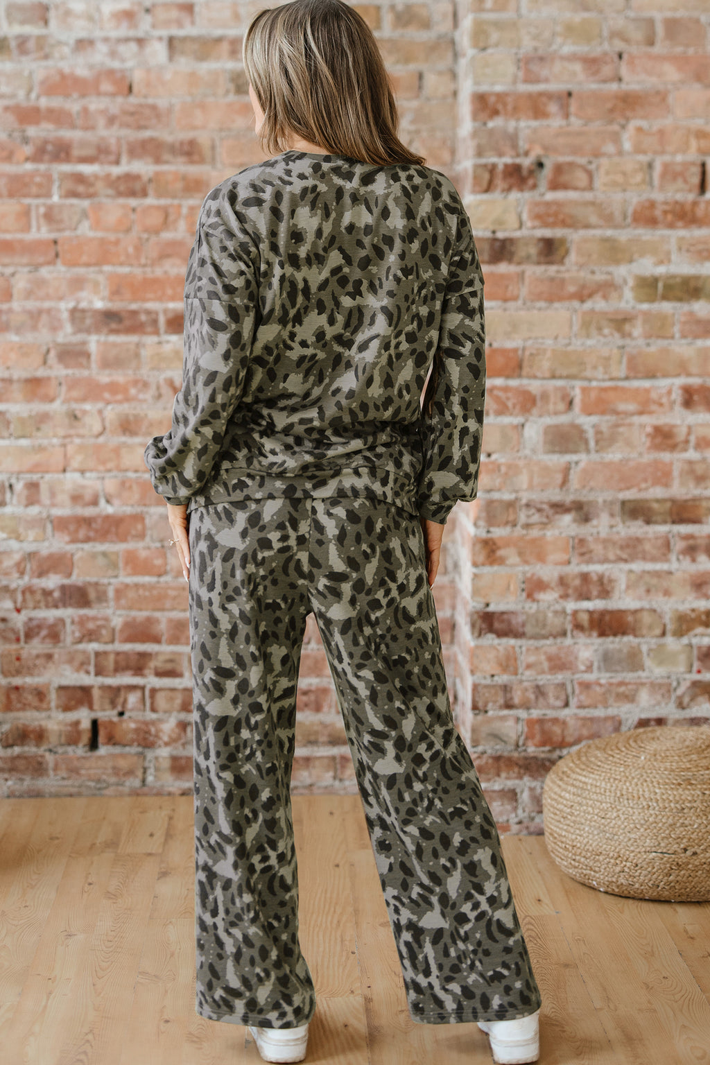 Leopard print raw seam patchwork pullover and loose drawstring pants set by Dear-Lover, in gray with stylish patchwork details.