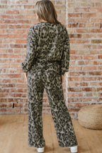 Leopard print raw seam patchwork pullover and loose drawstring pants set by Dear-Lover, in gray with stylish patchwork details.