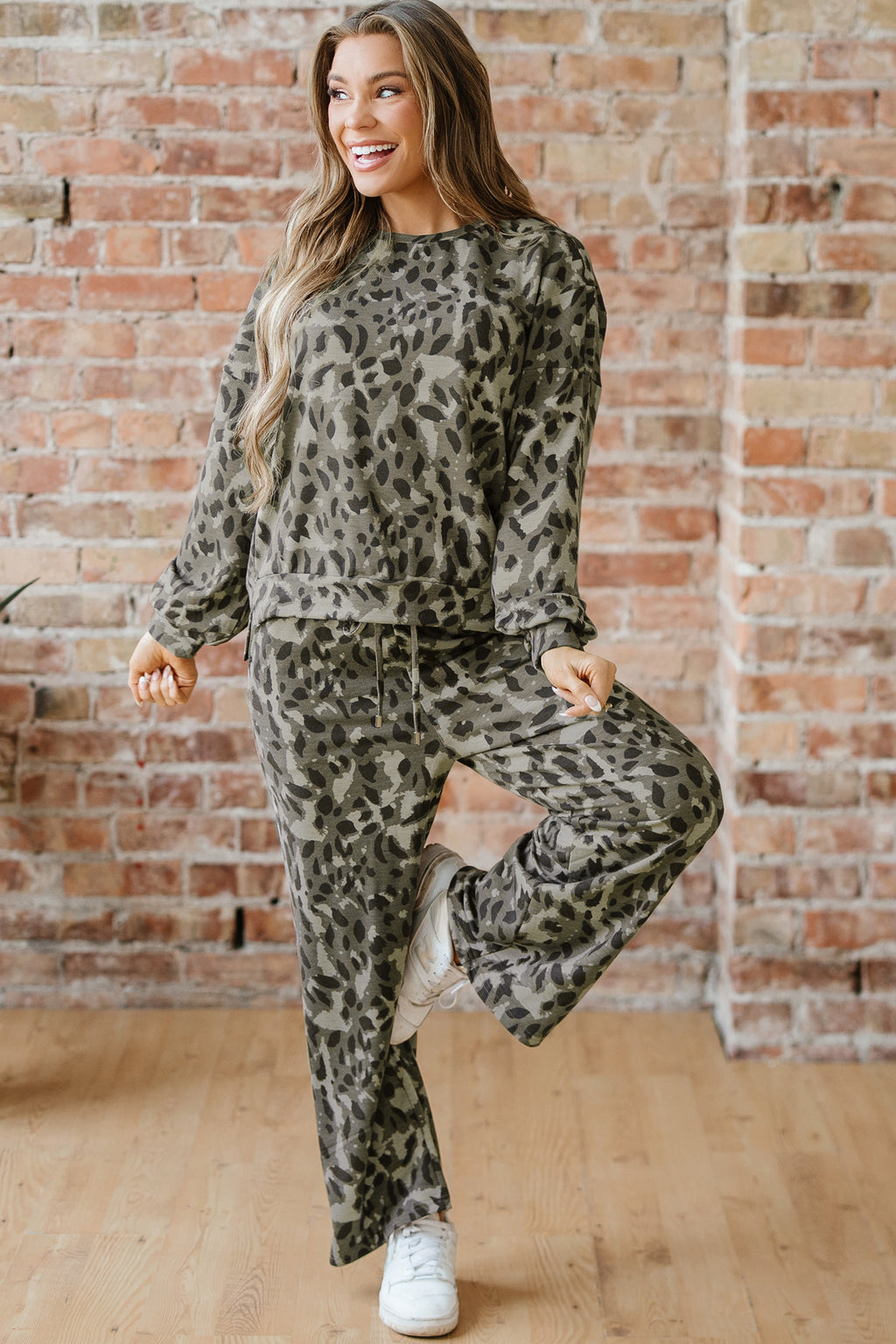 Leopard print raw seam patchwork pullover and loose drawstring pants set in gray, by Dear-Lover, two-piece fashion ensemble.
