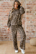 Leopard print raw seam patchwork pullover and drawstring loose pants set by Dear-Lover Dropshipping, gray color, polyester with elastane.