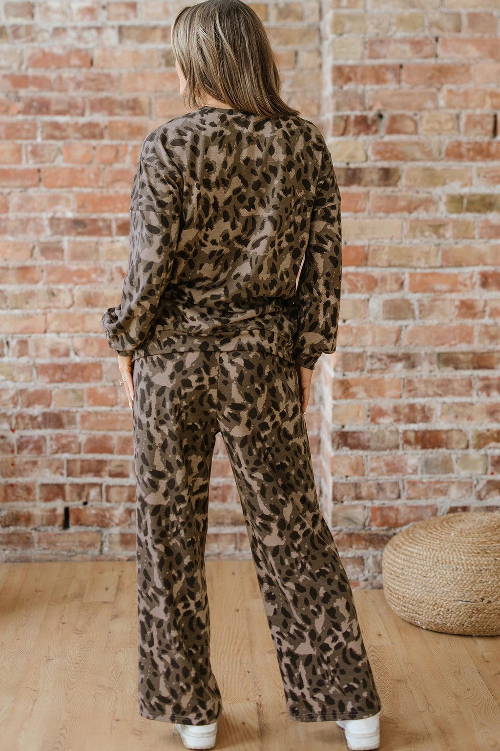 Leopard print raw seam patchwork pullover and loose drawstring pants set by Dear-Lover in gray polyester and elastane fabric.
