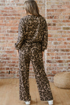 Leopard print raw seam patchwork pullover and loose drawstring pants set by Dear-Lover in gray polyester and elastane fabric.