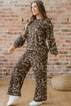 Leopard print raw seam patchwork pullover and loose drawstring pants set from Dear-Lover, in gray polyester-elastane fabric.