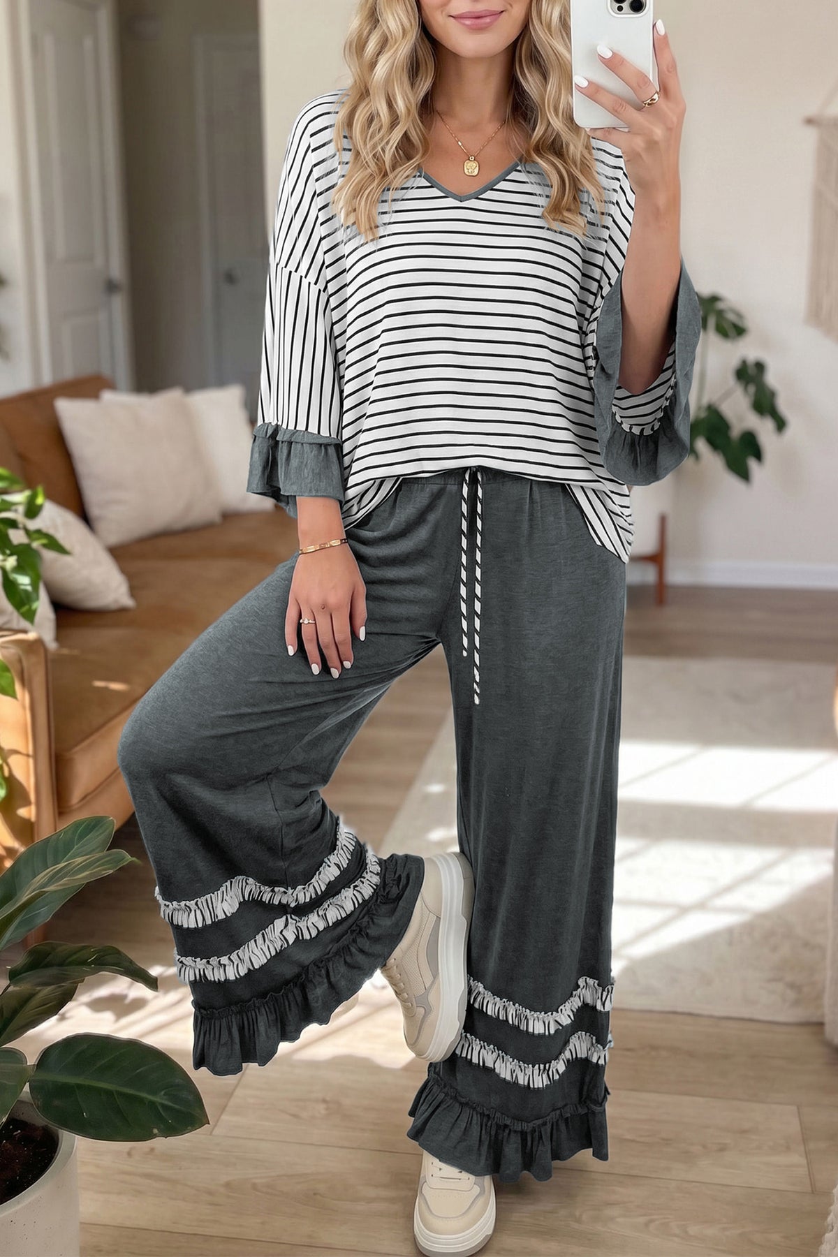 Gray stripe V-neck ruffle contrast sleeve top and drawstring pants two-piece set by Dear-Lover, casual stylish outfit.
