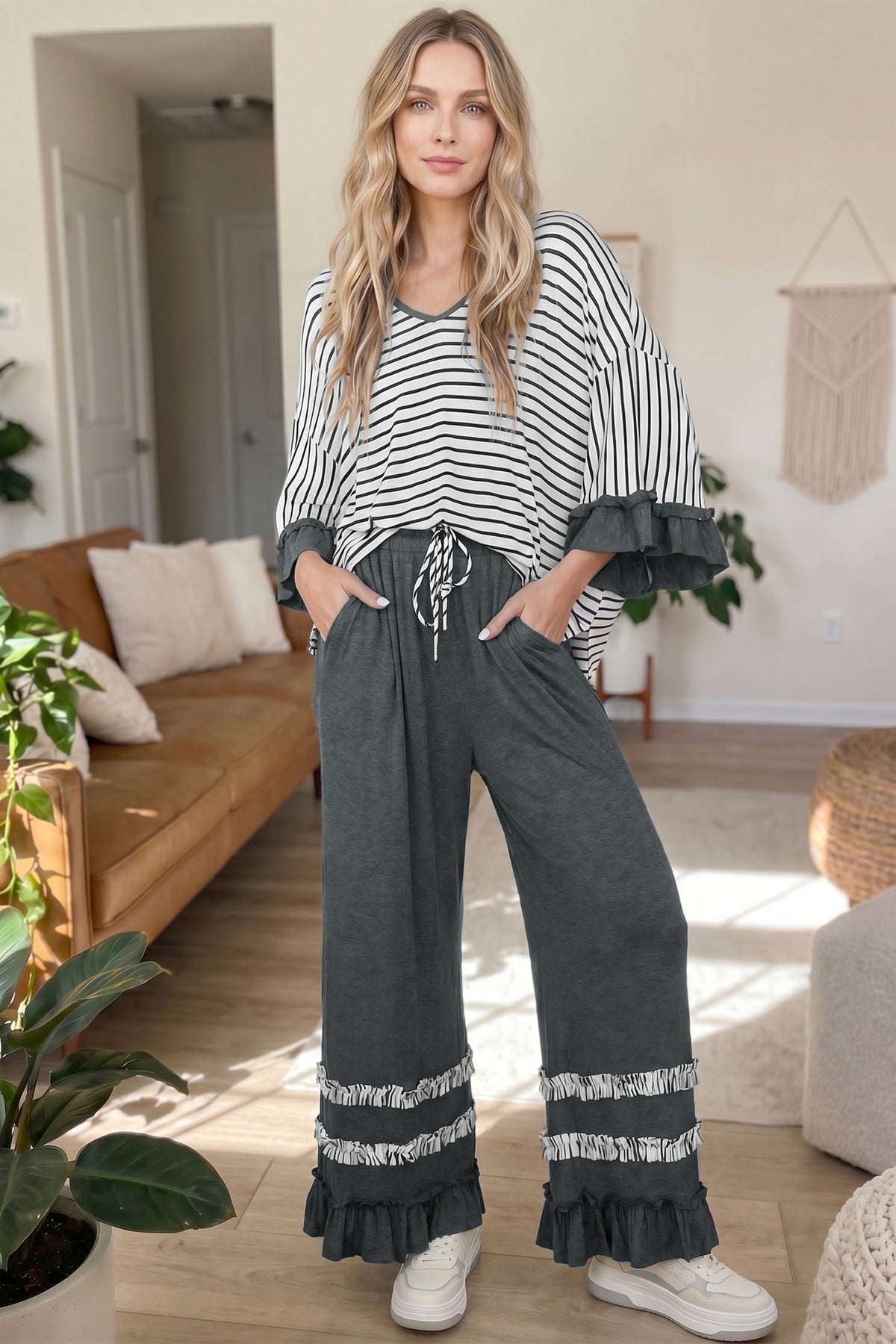 Gray stripe V-neck ruffle top and drawstring pants two-piece set from Dear-Lover, casual stylish loungewear for women.