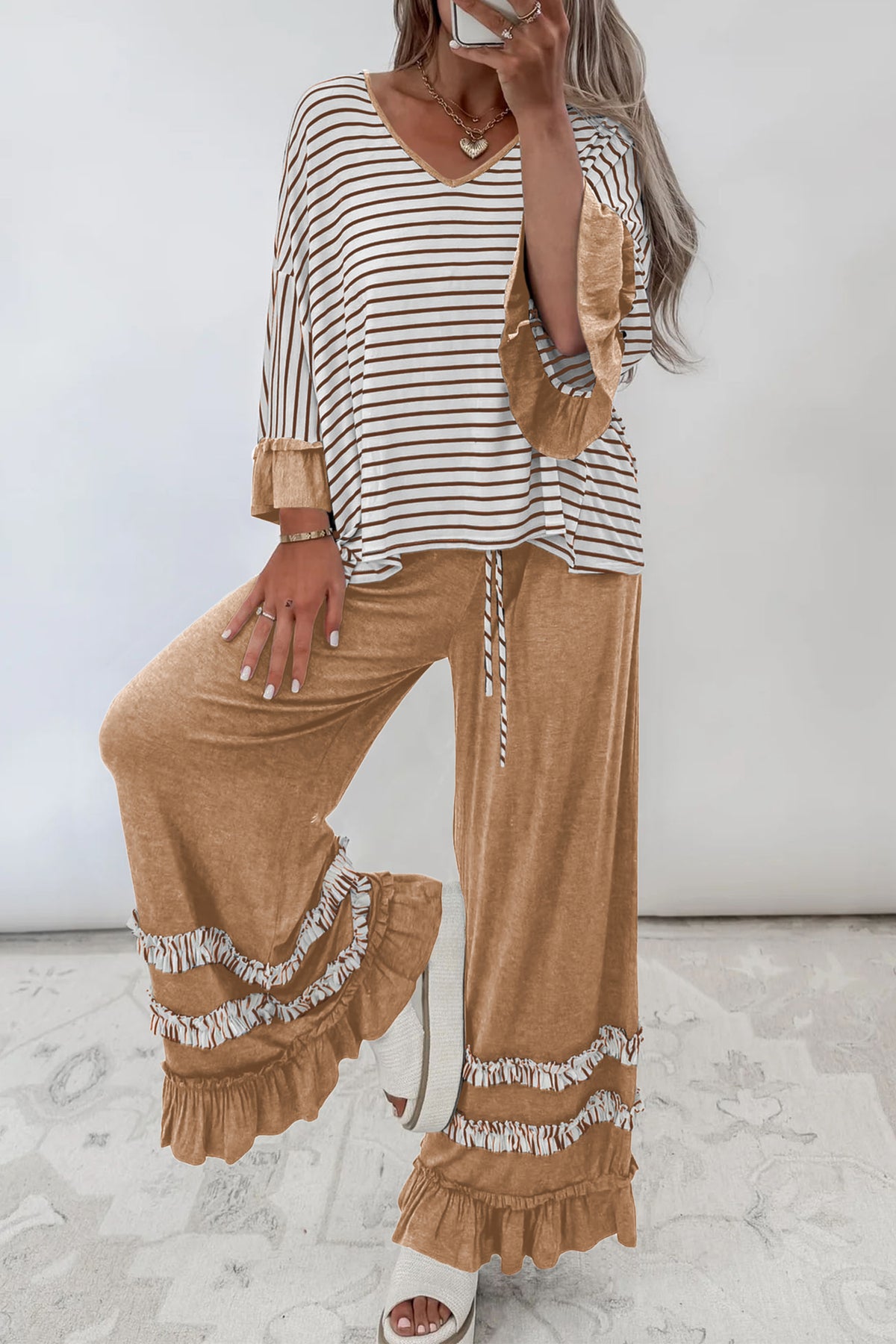 Gray stripe V-neck ruffle sleeve top with drawstring pants two-piece set by Dear-Lover, casual stylish loungewear ensemble.