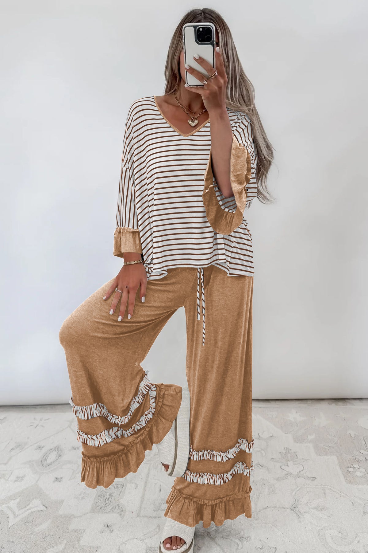Gray stripe V-neck ruffle top with contrast sleeves and drawstring pants, part of a Dear-Lover two-piece set.