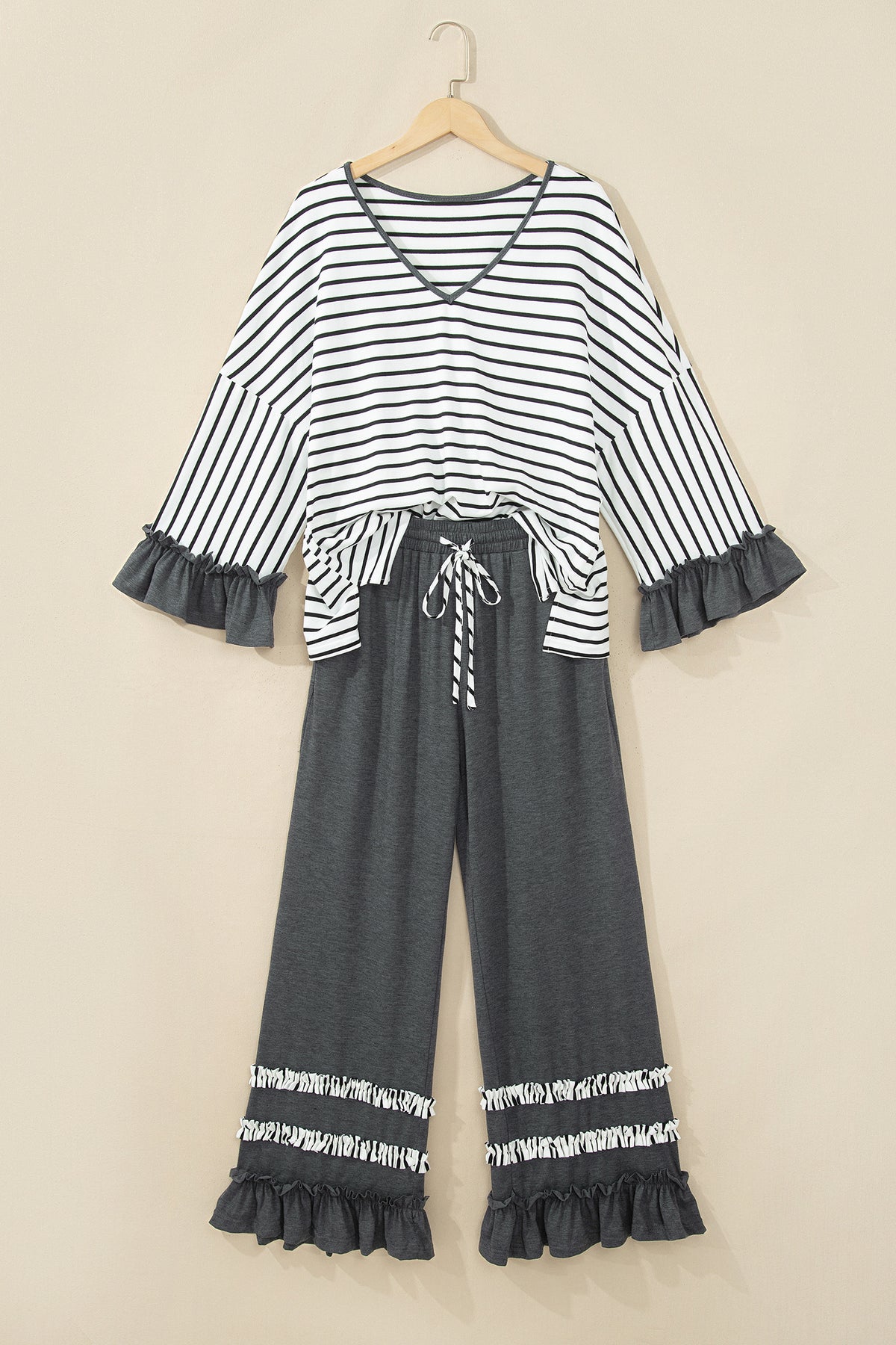 Gray stripe V-neck ruffle top and drawstring pants 2-piece set from Dear-Lover, with contrast sleeve details and comfortable fit.