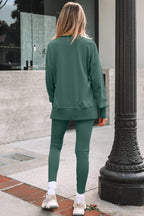 Green oversized slit sweatshirt and ribbed leggings two-piece set by Dear-Lover, casual comfortable pant set.