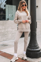 Green oversized slit sweatshirt and ribbed leggings two-piece set by Dear-Lover, casual loungewear for women.