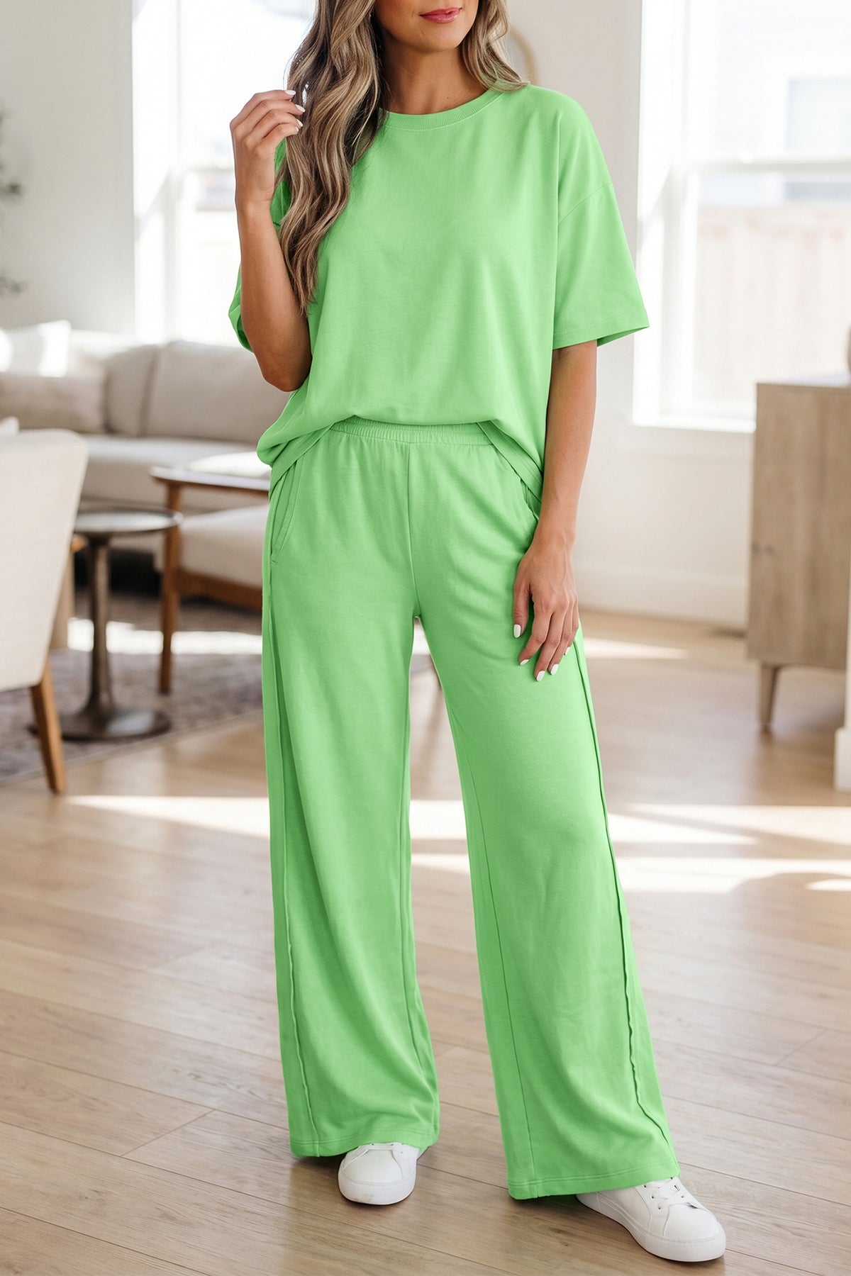 Green solid cover oversize tee with pocketed casual pants, Dear-Lover two-piece set, comfortable cotton-polyester fabric outfit.