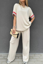 Dear-Lover jet stream contrast striped trim crewneck T-shirt and loose straight pants set, stylish two-piece outfit for casual wear.