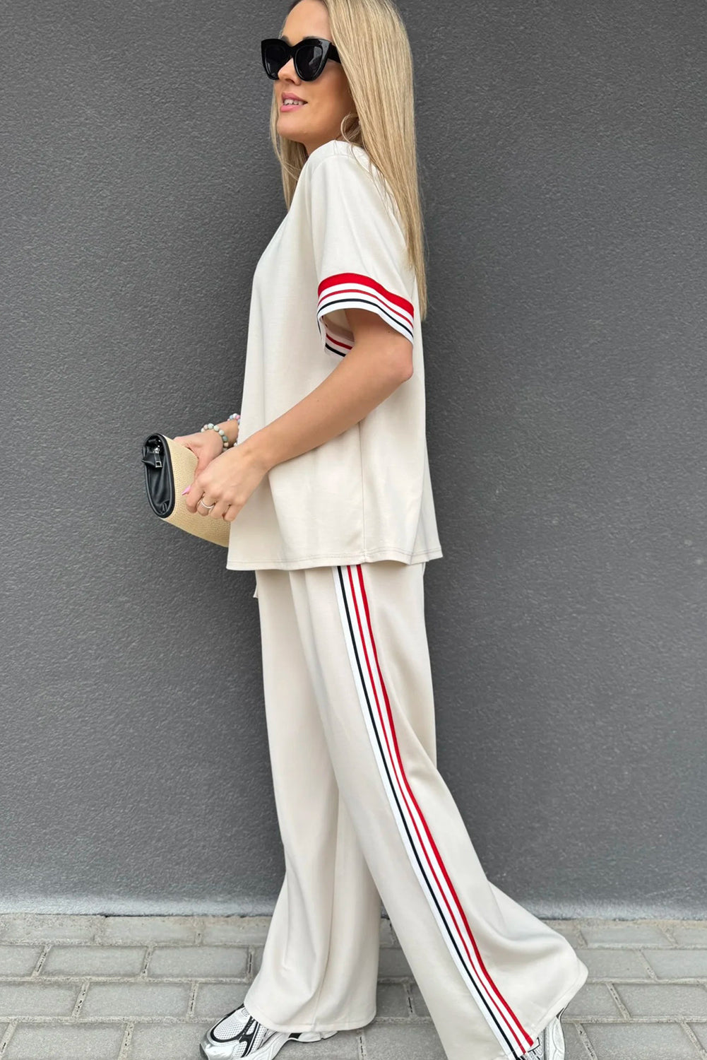 Dear-Lover Jet Stream contrast striped trim crewneck T-shirt and loose straight pants set, polyester and viscose fabric, casual style