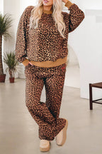 Khaki leopard print pullover and pants two-piece set by Dear-Lover with bow embroidery, made of lightweight polyester fabric.
