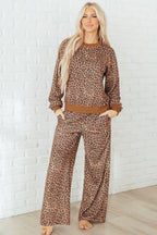Khaki leopard pullover and pants 2-piece set with bow embroidery by Dear-Lover, casual polyester outfit for women.