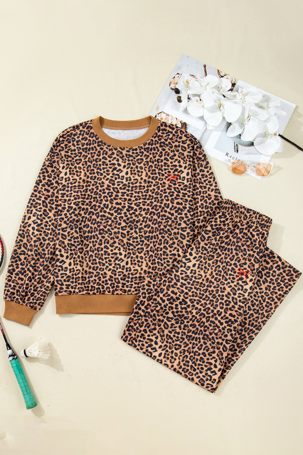 Khaki leopard print pullover and pants 2-piece set with bow embroidery from Dear-Lover Dropshipping, casual stylish loungewear.