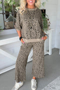 Khaki Jacquard Leopard half-sleeve jumper and wide-leg pant set by Dear-Lover, stylish two-piece set with textured fabric.