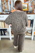 Khaki Jacquard Leopard half-sleeve jumper and wide-leg pant set by Dear-Lover, two-piece fashion ensemble with patterned design.