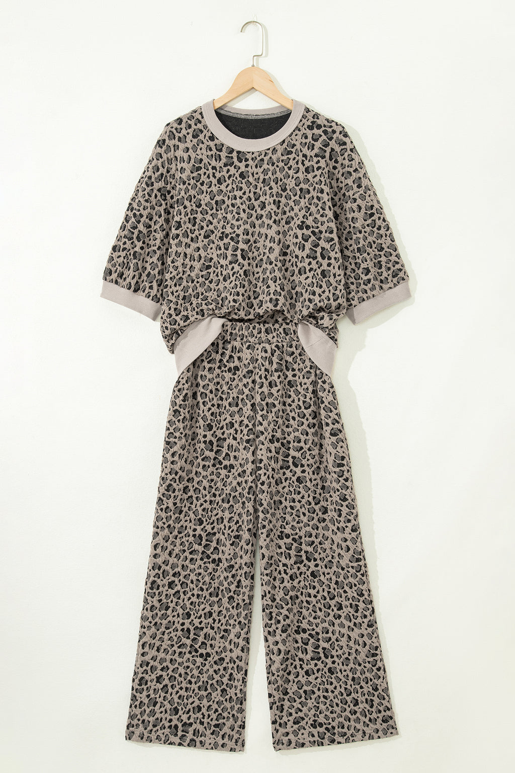 Khaki Jacquard Leopard half-sleeve jumper and wide-leg pant set by Dear-Lover, made of polyester, cotton, and elastane.