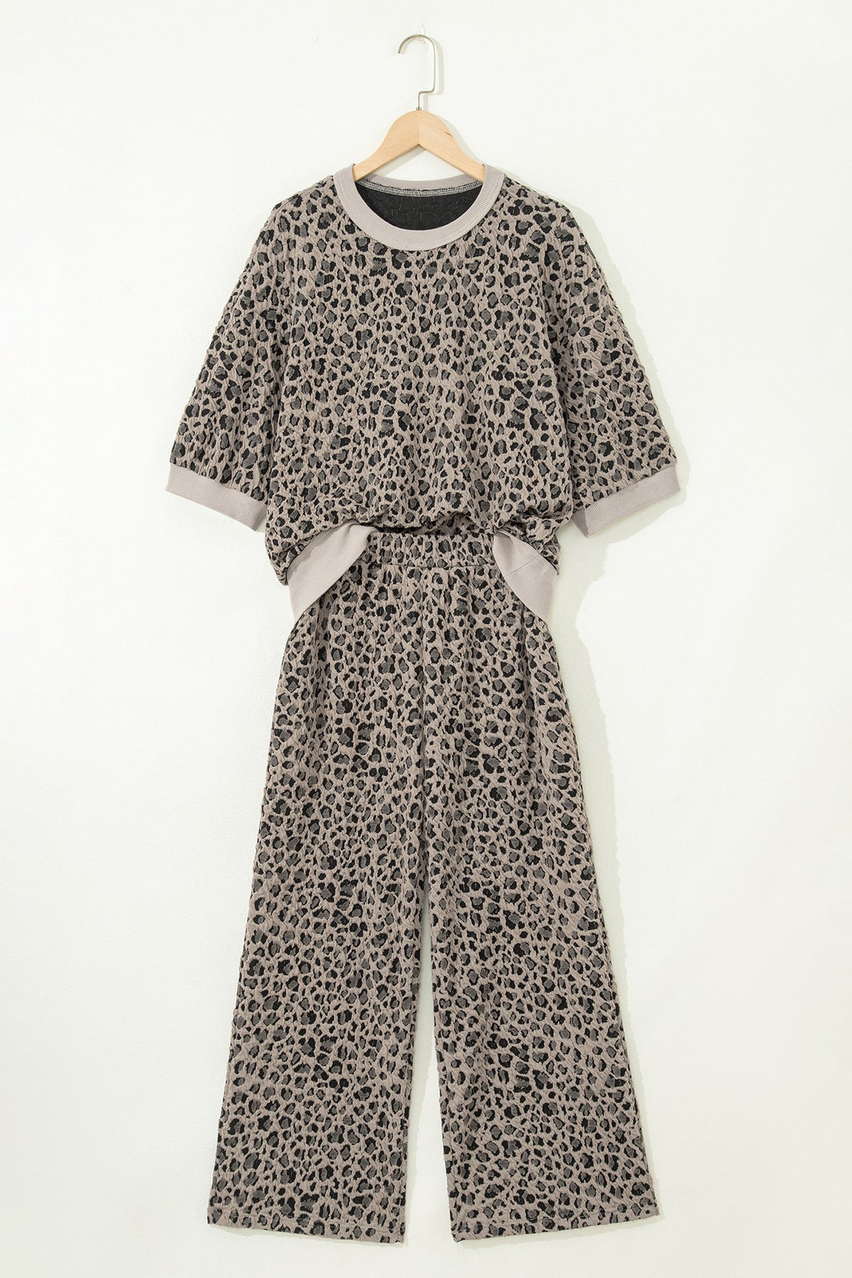 Khaki Jacquard Leopard half-sleeve jumper and wide-leg pant set by Dear-Lover, made of polyester, cotton, and elastane.