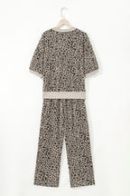 Khaki Jacquard Leopard Half Sleeve Jumper and Wide Leg Pants Set by Dear-Lover, stylish two-piece polyester-cotton-elastane fabric.