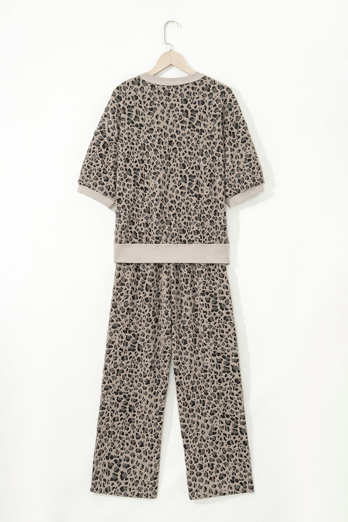 Khaki Jacquard Leopard Half Sleeve Jumper and Wide Leg Pants Set by Dear-Lover, stylish two-piece polyester-cotton-elastane fabric.