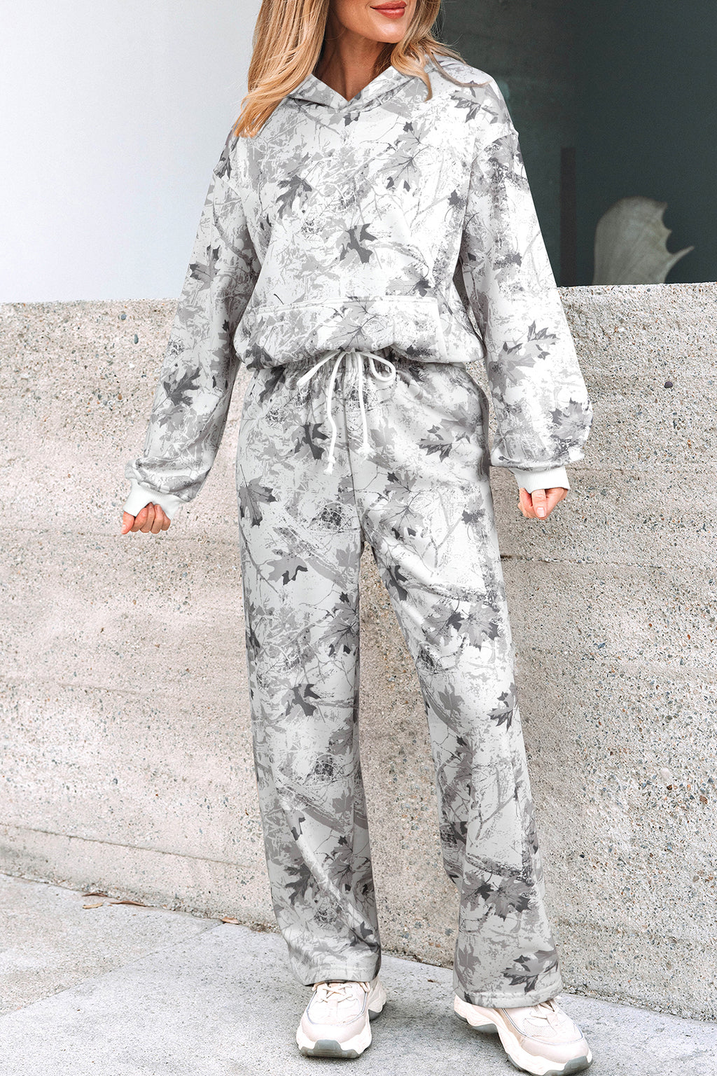 Light grey woodland camo hoodie and sweatpants set by Dear-Lover, casual two-piece sweatshirt and jogger pant outfit.