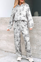 Light grey woodland camo hoodie and sweatpants set by Dear-Lover, casual two-piece sweatshirt and jogger pant outfit.