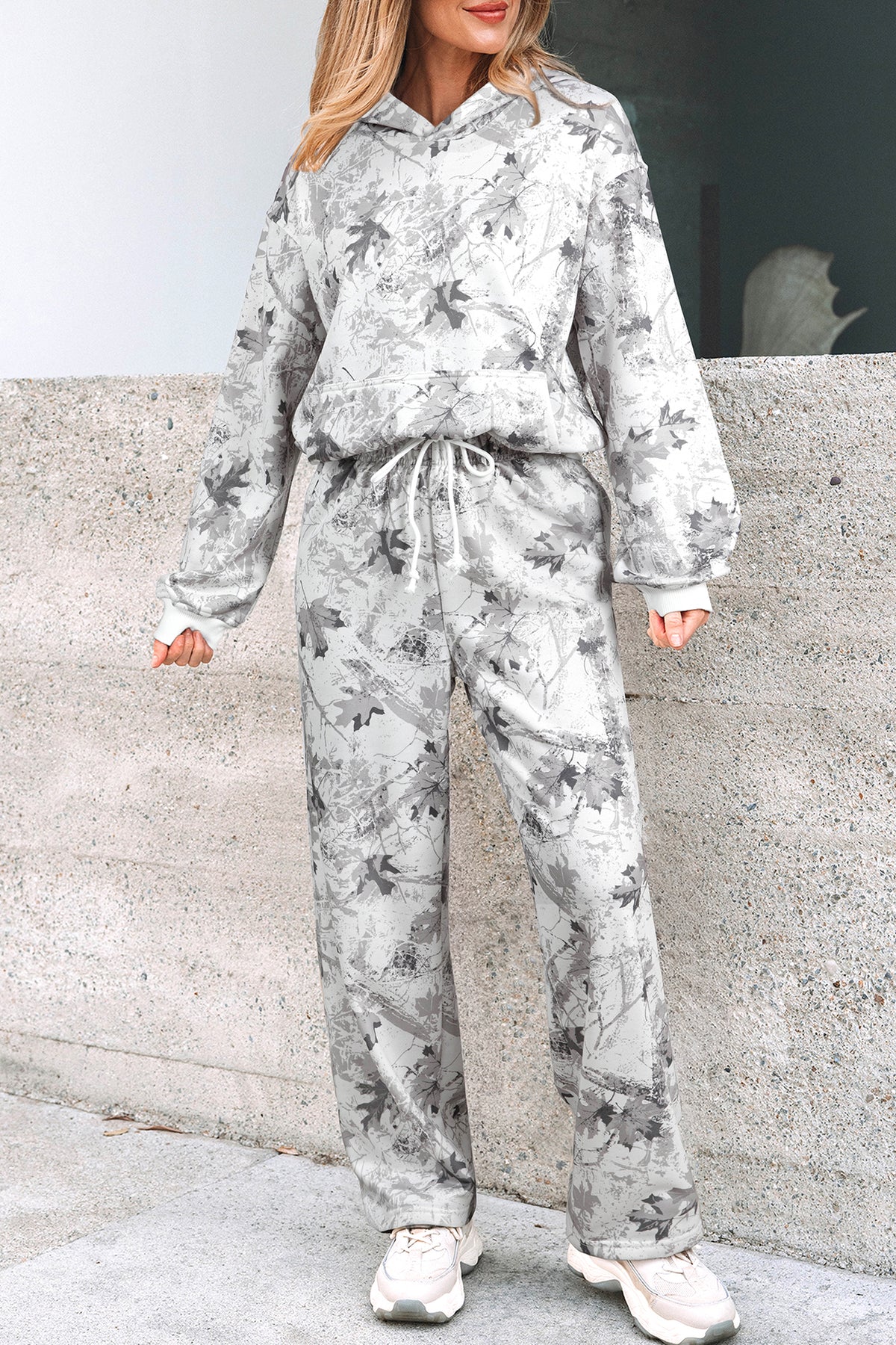 Light grey woodland camo hoodie and sweatpants set by Dear-Lover, casual two-piece sweatshirt and jogger pant outfit.
