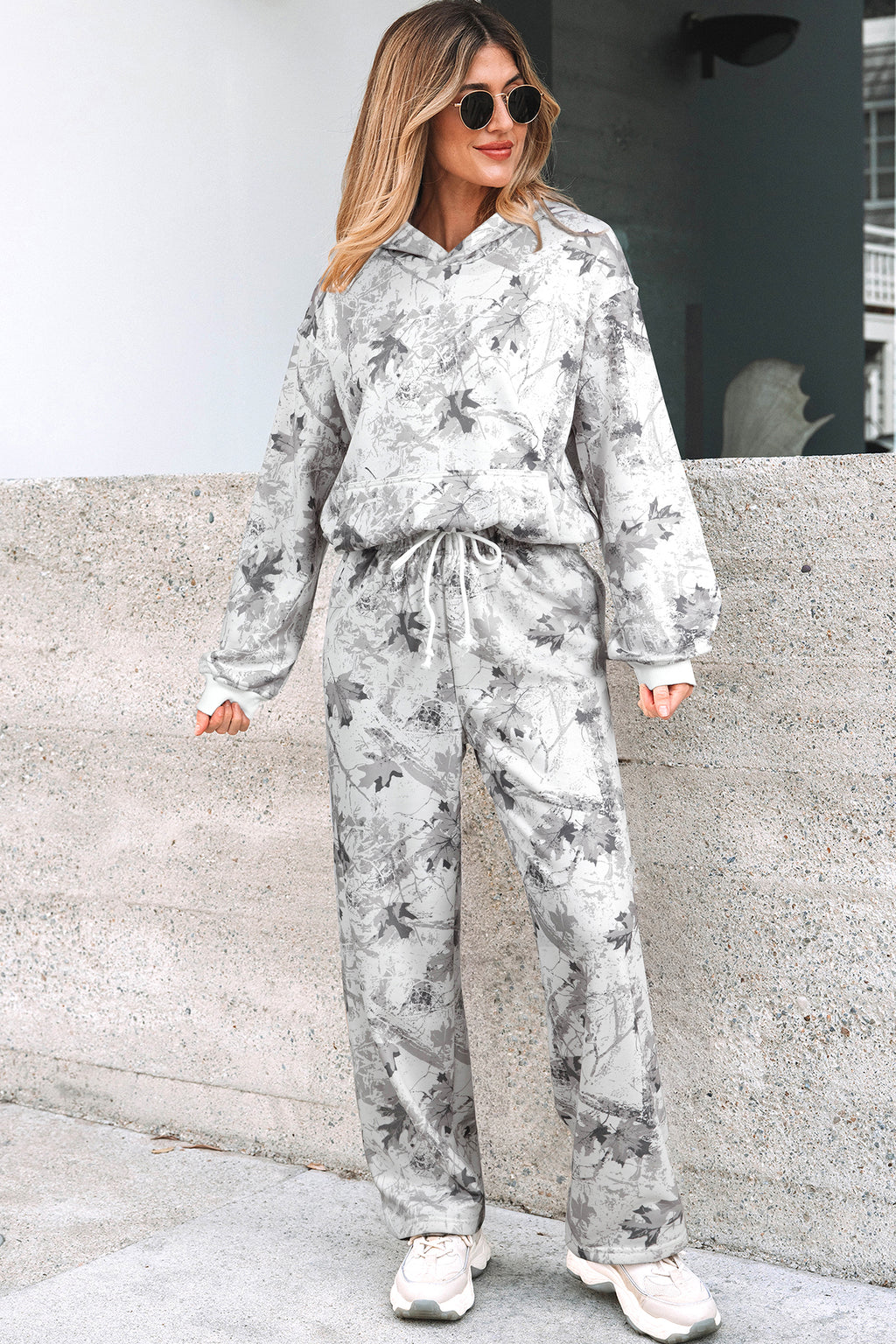 Light grey woodland camo hoodie and sweatpants set by Dear-Lover, comfortable two-piece casual athletic apparel for men.