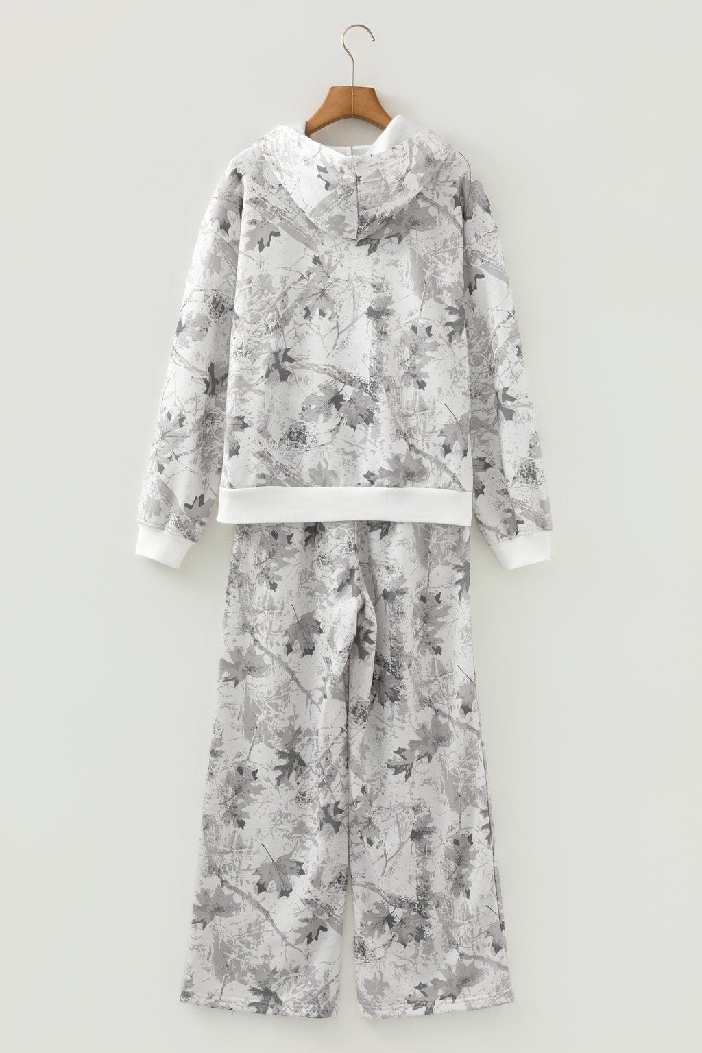 Light grey woodland camo hoodie and sweatpants set by Dear-Lover, casual two-piece athletic loungewear for men or women.