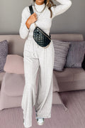 Light grey two-piece pant set with long sleeve high neck top and smocked waist from Dear-Lover, featuring central seam pants.