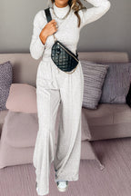 Light grey two-piece pant set with long sleeve high neck top and smocked waist from Dear-Lover, featuring central seam pants.