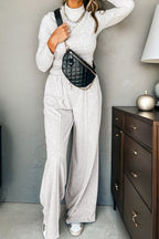 Light grey long sleeve high neck slim top and smocked waist pants set by Dear-Lover, stylish two-piece set for casual wear.
