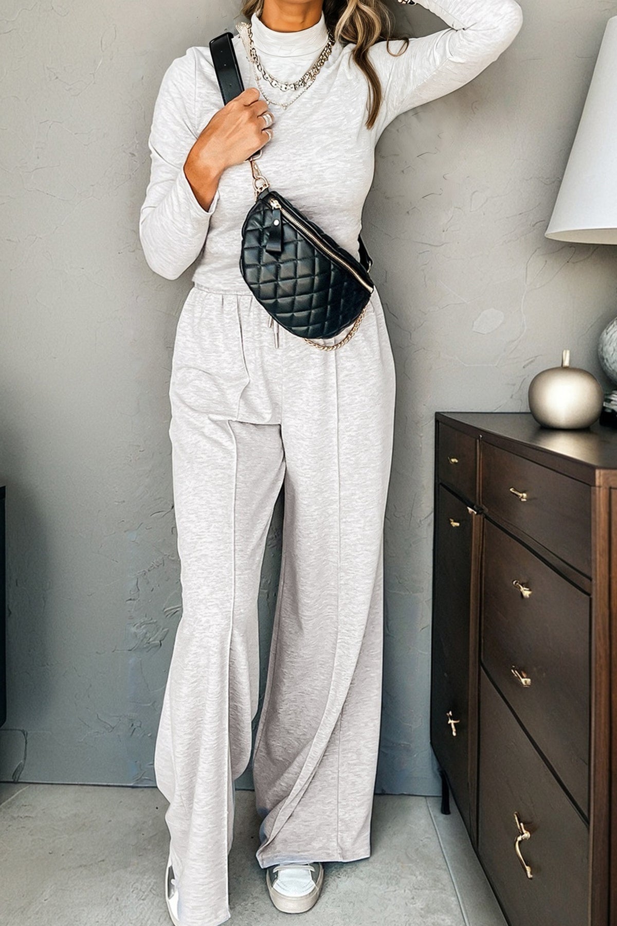 Light grey long sleeve high neck slim top and smocked waist pants set by Dear-Lover, stylish two-piece set for casual wear.