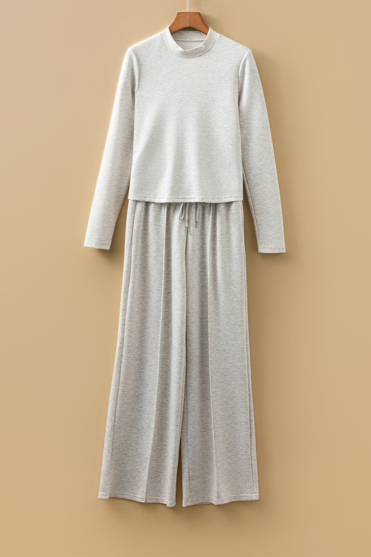 Light grey long sleeve high-neck slim top and smocked waist pants set by Dear-Lover, stylish two-piece outfit for casual wear.