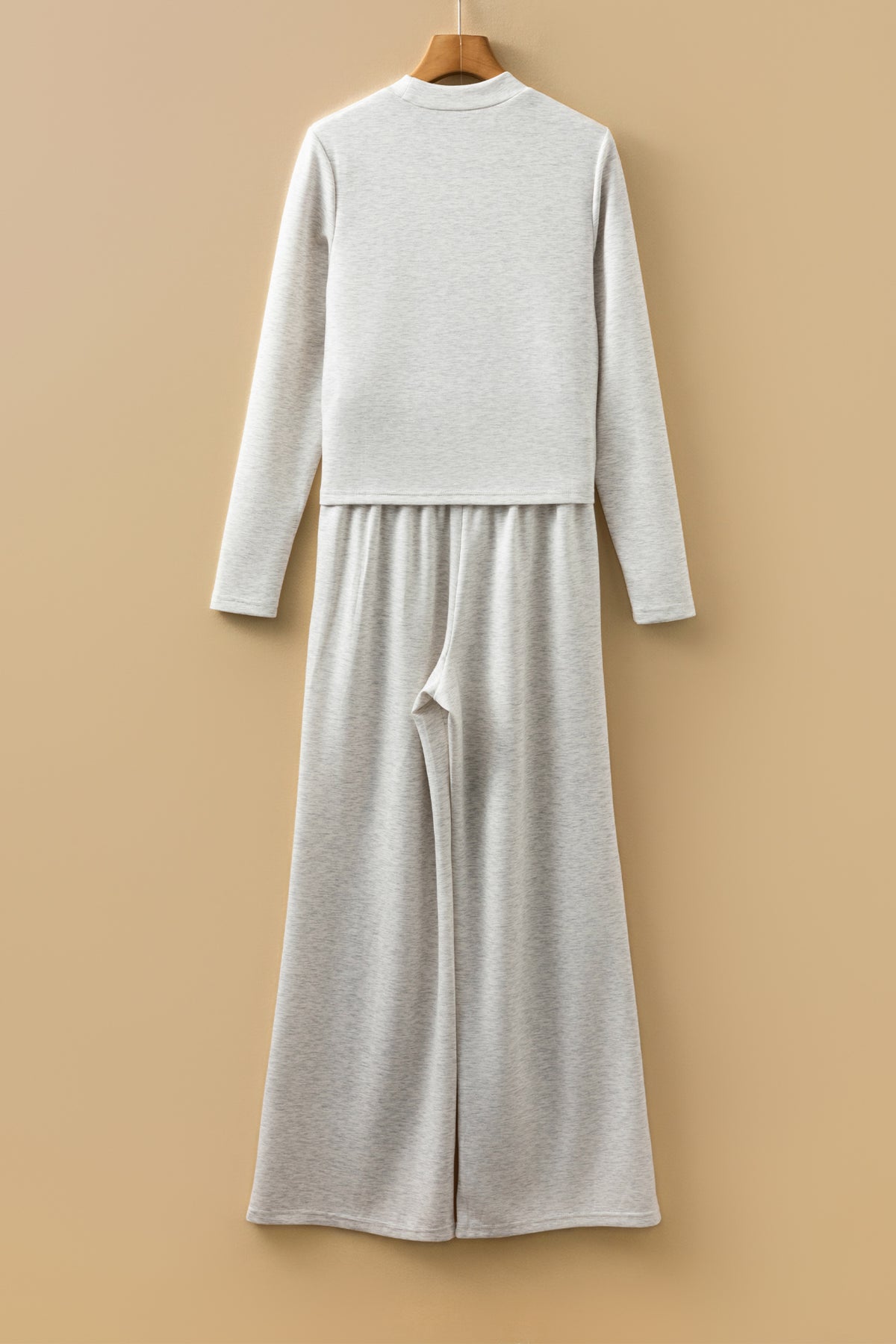 Light grey two-piece set with long sleeve high neck slim top and smocked waist pants, from Dear-Lover.