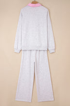 Light grey Dear-Lover two-piece pant set with frilled collar, drop shoulder pullover, and drawstring pants, made of polyester and cotton.