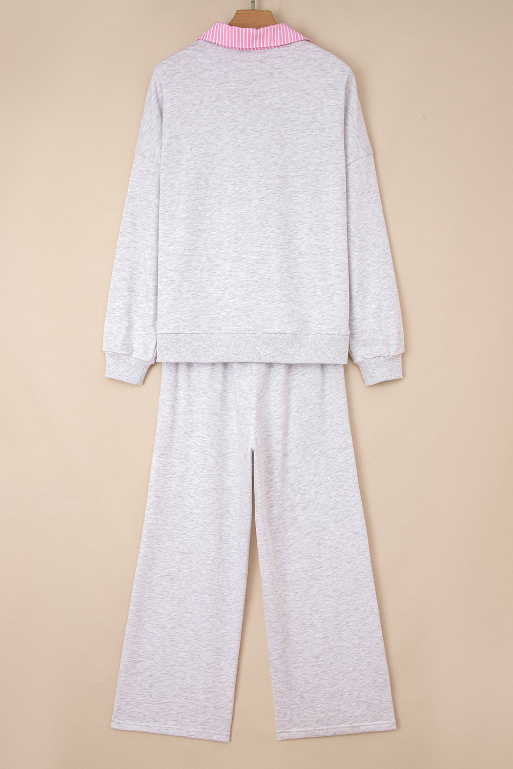 Light grey Dear-Lover two-piece pant set with frilled collar, drop shoulder pullover, and drawstring pants, made of polyester and cotton.