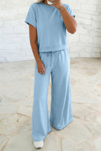 Mist Blue two-piece set with loose tee and wide-leg drawstring pants from Dear-Lover, casual polyester-cotton outfit for women.